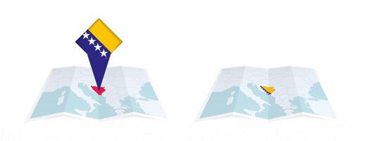 Two versions of an Bosnia and Herzegovina folded map, one with a pinned country flag and one with a flag in the map contour. Template for both print and online design. vector