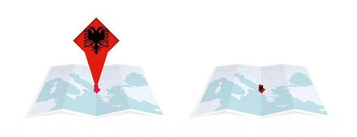 Two versions of an Albania folded map, one with a pinned country flag and one with a flag in the map contour. Template for both print and online design. vector