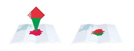 Two versions of an Belarus folded map, one with a pinned country flag and one with a flag in the map contour. Template for both print and online design. vector