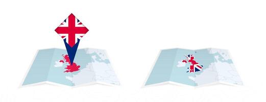 Two versions of an United Kingdom folded map, one with a pinned country flag and one with a flag in the map contour. Template for both print and online design. vector
