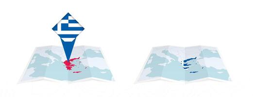 Two versions of an Greece folded map, one with a pinned country flag and one with a flag in the map contour. Template for both print and online design. vector