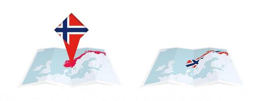 Two versions of an Norway folded map, one with a pinned country flag and one with a flag in the map contour. Template for both print and online design. vector