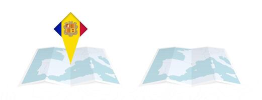 Two versions of an Andorra folded map, one with a pinned country flag and one with a flag in the map contour. Template for both print and online design. vector