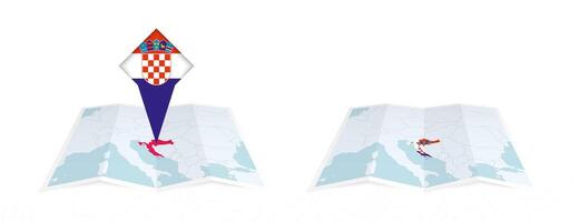Two versions of an Croatia folded map, one with a pinned country flag and one with a flag in the map contour. Template for both print and online design. vector