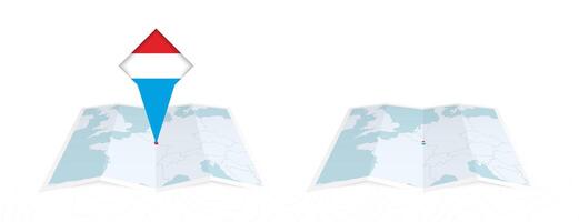 Two versions of an Luxembourg folded map, one with a pinned country flag and one with a flag in the map contour. Template for both print and online design. vector