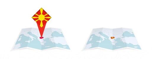Two versions of an North Macedonia folded map, one with a pinned country flag and one with a flag in the map contour. Template for both print and online design. vector