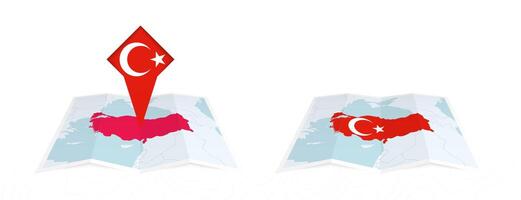 Two versions of an Turkey folded map, one with a pinned country flag and one with a flag in the map contour. Template for both print and online design. vector