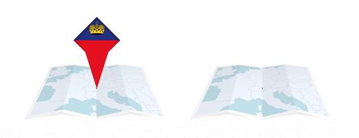 Two versions of an Liechtenstein folded map, one with a pinned country flag and one with a flag in the map contour. Template for both print and online design. vector