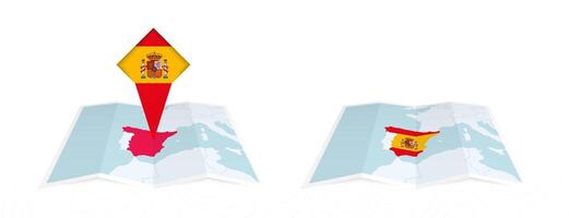 Two versions of an Spain folded map, one with a pinned country flag and one with a flag in the map contour. Template for both print and online design. vector
