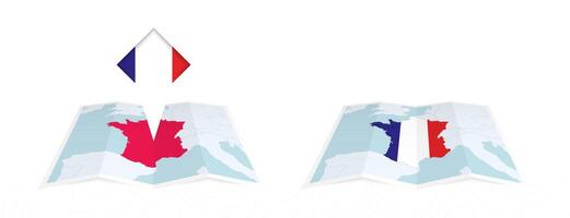 Two versions of an France folded map, one with a pinned country flag and one with a flag in the map contour. Template for both print and online design. vector