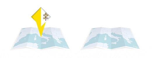 Two versions of an Vatican City folded map, one with a pinned country flag and one with a flag in the map contour. Template for both print and online design. vector