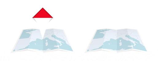Two versions of an Monaco folded map, one with a pinned country flag and one with a flag in the map contour. Template for both print and online design. vector