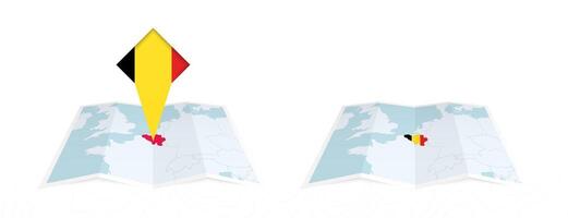 Two versions of an Belgium folded map, one with a pinned country flag and one with a flag in the map contour. Template for both print and online design. vector