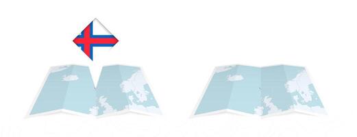 Two versions of an Faroe Islands folded map, one with a pinned country flag and one with a flag in the map contour. Template for both print and online design. vector