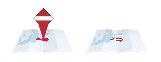 Two versions of an Latvia folded map, one with a pinned country flag and one with a flag in the map contour. Template for both print and online design. vector