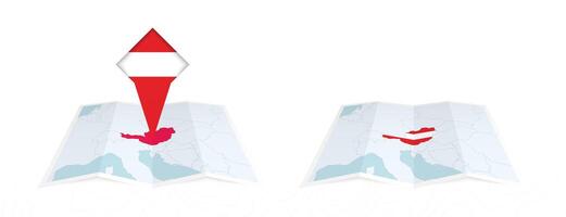 Two versions of an Austria folded map, one with a pinned country flag and one with a flag in the map contour. Template for both print and online design. vector