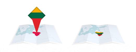 Two versions of an Lithuania folded map, one with a pinned country flag and one with a flag in the map contour. Template for both print and online design. vector