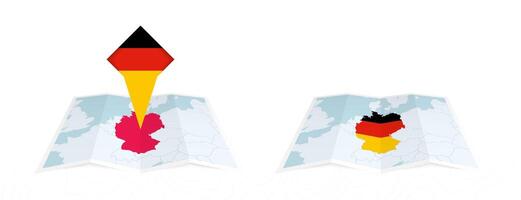 Two versions of an Germany folded map, one with a pinned country flag and one with a flag in the map contour. Template for both print and online design. vector