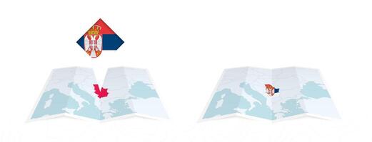 Two versions of an Serbia folded map, one with a pinned country flag and one with a flag in the map contour. Template for both print and online design. vector