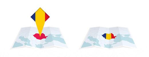 Two versions of an Romania folded map, one with a pinned country flag and one with a flag in the map contour. Template for both print and online design. vector