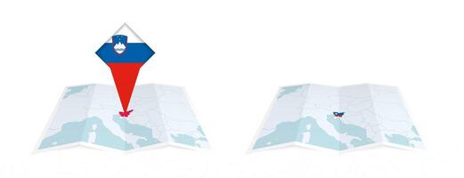 Two versions of an Slovenia folded map, one with a pinned country flag and one with a flag in the map contour. Template for both print and online design. vector