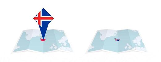 Two versions of an Iceland folded map, one with a pinned country flag and one with a flag in the map contour. Template for both print and online design. vector