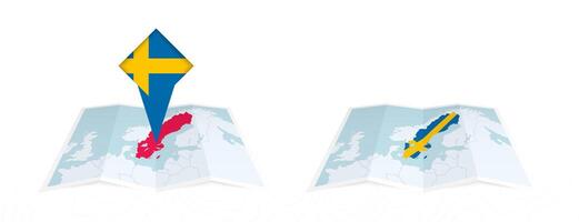 Two versions of an Sweden folded map, one with a pinned country flag and one with a flag in the map contour. Template for both print and online design. vector