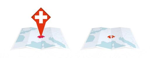 Two versions of an Switzerland folded map, one with a pinned country flag and one with a flag in the map contour. Template for both print and online design. vector