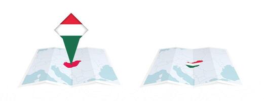 Two versions of an Hungary folded map, one with a pinned country flag and one with a flag in the map contour. Template for both print and online design. vector