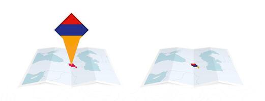 Two versions of an Armenia folded map, one with a pinned country flag and one with a flag in the map contour. Template for both print and online design. vector