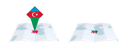 Two versions of an Azerbaijan folded map, one with a pinned country flag and one with a flag in the map contour. Template for both print and online design. vector