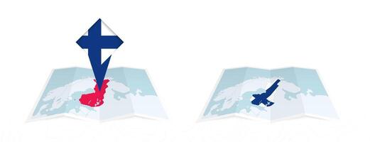 Two versions of an Finland folded map, one with a pinned country flag and one with a flag in the map contour. Template for both print and online design. vector