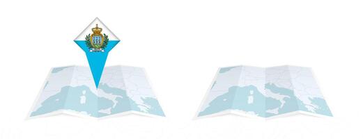 Two versions of an San Marino folded map, one with a pinned country flag and one with a flag in the map contour. Template for both print and online design. vector