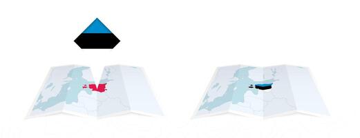 Two versions of an Estonia folded map, one with a pinned country flag and one with a flag in the map contour. Template for both print and online design. vector