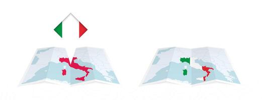Two versions of an Italy folded map, one with a pinned country flag and one with a flag in the map contour. Template for both print and online design. vector