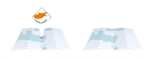 Two versions of an Cyprus folded map, one with a pinned country flag and one with a flag in the map contour. Template for both print and online design. vector