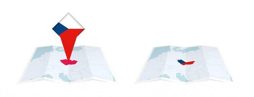 Two versions of an Czech Republic folded map, one with a pinned country flag and one with a flag in the map contour. Template for both print and online design. vector
