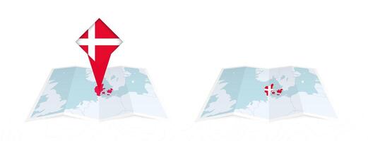 Two versions of an Denmark folded map, one with a pinned country flag and one with a flag in the map contour. Template for both print and online design. vector