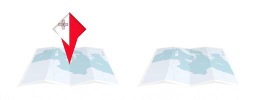Two versions of an Malta folded map, one with a pinned country flag and one with a flag in the map contour. Template for both print and online design. vector