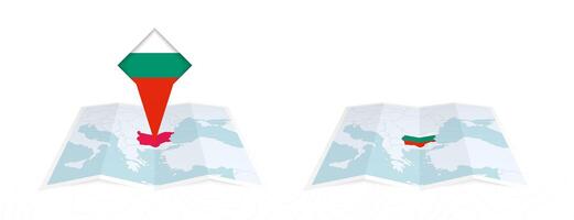 Two versions of an Bulgaria folded map, one with a pinned country flag and one with a flag in the map contour. Template for both print and online design. vector
