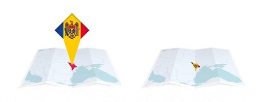 Two versions of an Moldova folded map, one with a pinned country flag and one with a flag in the map contour. Template for both print and online design. vector