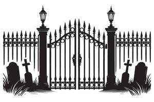 Silhouette of Cemetery Gate Illustration with Gravestones Lanterns Scene vector
