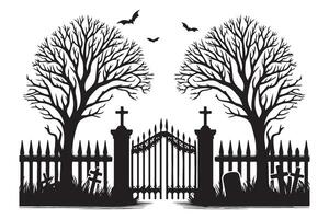 Eerie Graveyard Silhouette Illustration with Bats and Spooky Trees Design vector