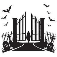 Spooky Graveyard Scene with Open Gate and Mysterious Figure Silhouette vector