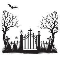 Haunted Graveyard Silhouette Scene with Gate, Tombstones and Trees vector