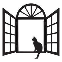 Elegant Cat Silhouette Inside Window Arched Illustration vector