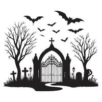 Scary Graveyard Entrance with Bats, Trees, and Wrought Iron Gate Silhouette vector