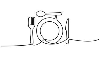 spoon, fork, knife on plate continuous one line drawing single vector