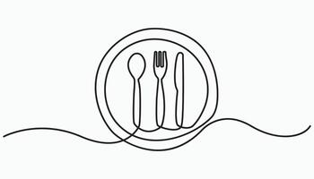 spoon, fork, knife on plate continuous one line drawing vector