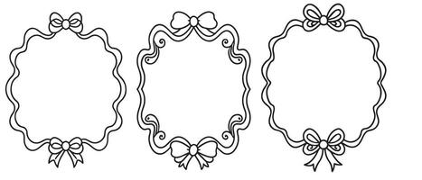hand drawn doodle border frames with black wavy lines bow and ribbon vector